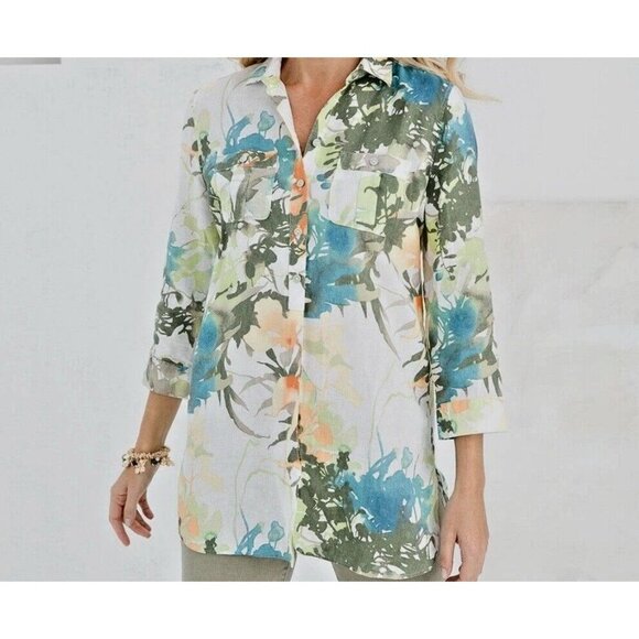 Chico's Tops - Chico's No-Iron Linen Floral Paradise Shirt Size: 2 US Size 12